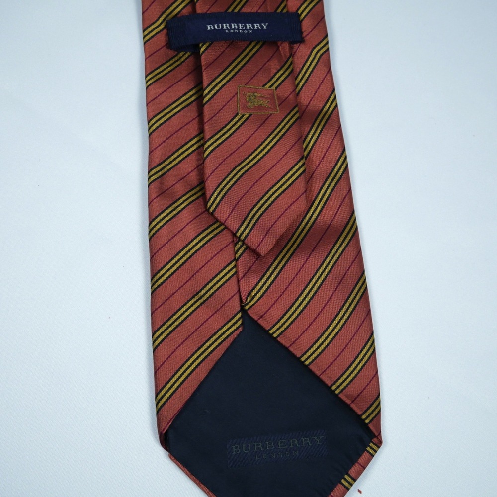Burberry London Mens Silk Tie Rust Orange Gold Navy Blue Striped Made in Italy - Picture 2 of 6